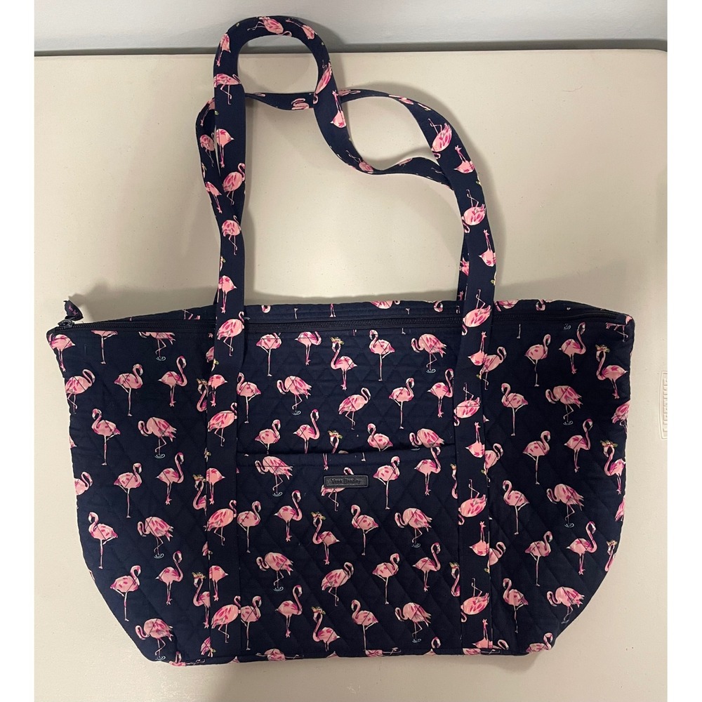 Vera Bradley Flamingo Fiesta Quilted Cotton Tote Bag Navy Pink Zippered Shoulder